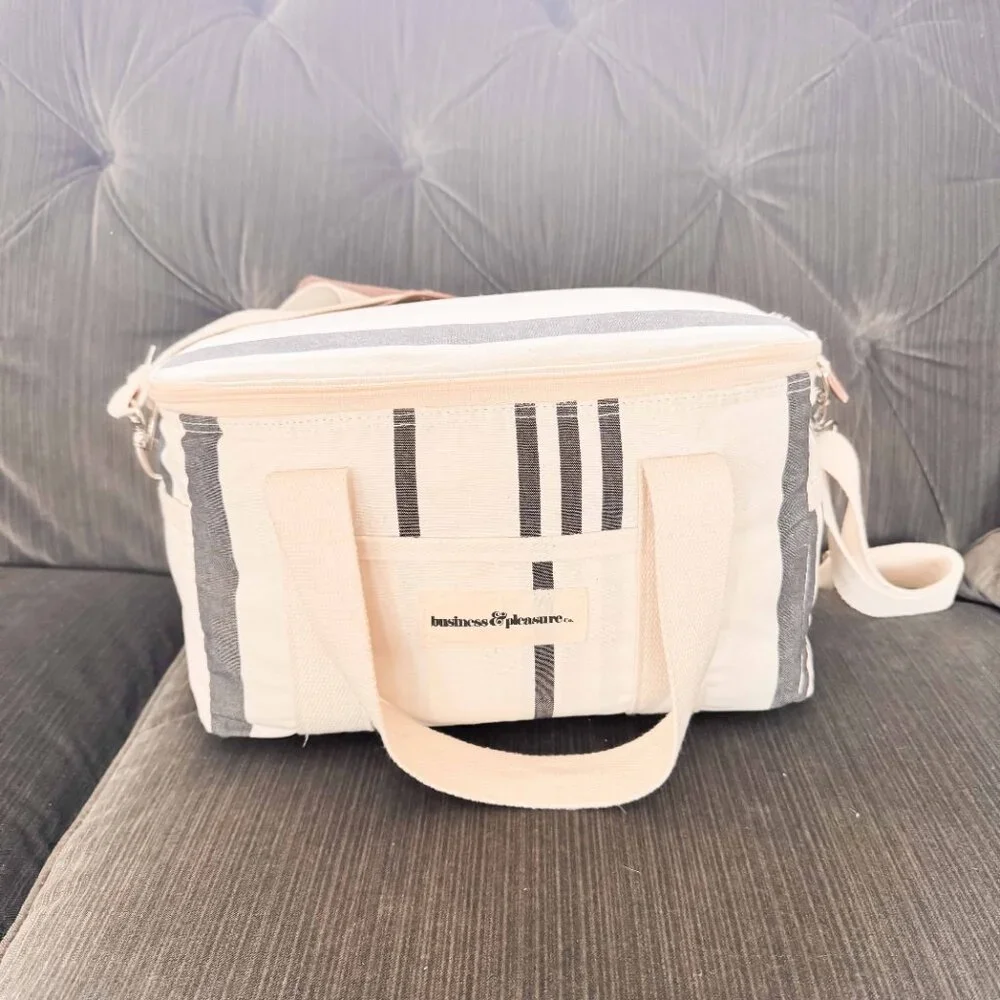 Business & Pleasure Co. Premium Cooler Bag Navy/Black Stripe with yellow floral - Picture 6 of 7